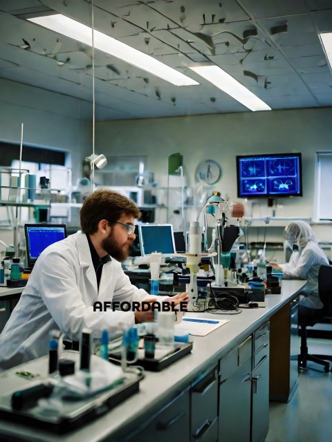 A scientist in a lab with a computer and a microscope
