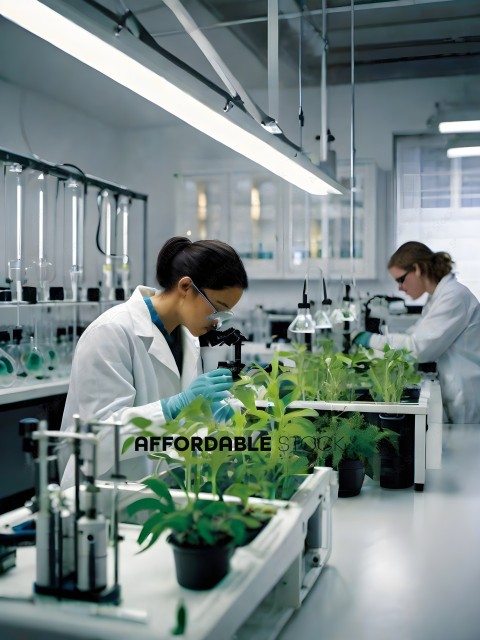 Two women working in a lab with plants