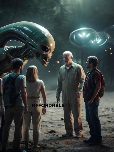 A group of people are standing in front of a large alien