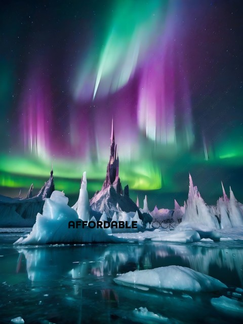 A beautiful night sky with a castle and icebergs