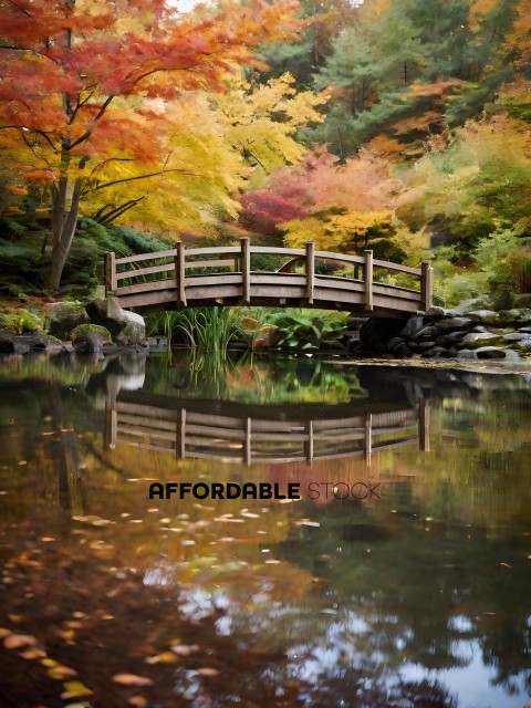 A bridge over a stream with autumn leaves