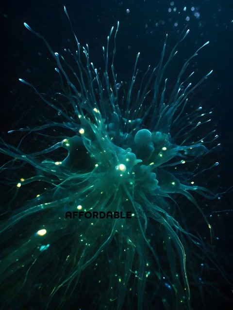 A glowing blue and green object with many tendrils