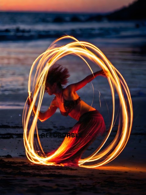 A woman in a skirt and top is dancing in the sand at night