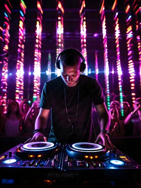 DJ in Black Shirt and Headphones Mixing Music
