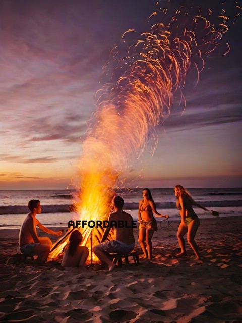 A group of people sitting around a fire on the beach