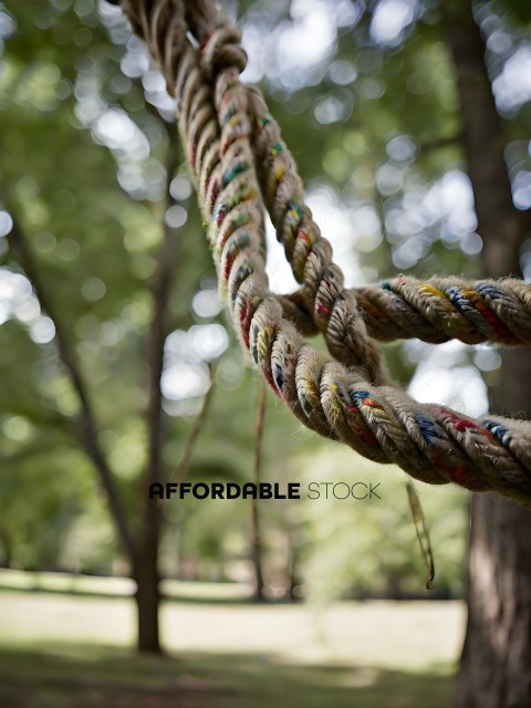 A colorful rope hanging from a tree