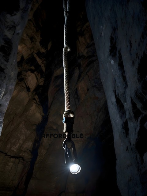 A light is hanging from a rope in a dark cave