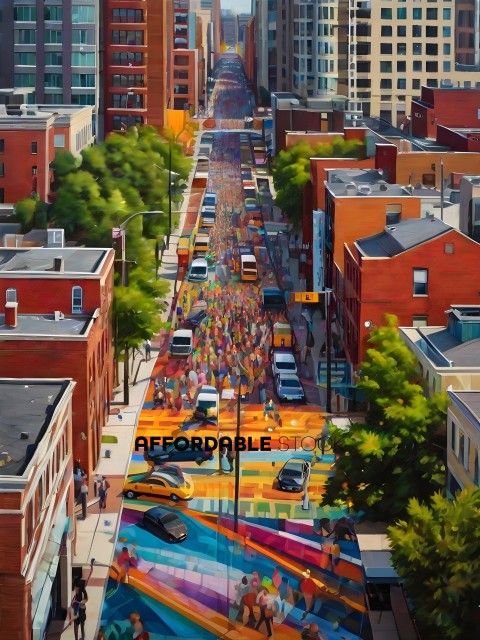 A colorful painting of a city street with a crowd of people walking