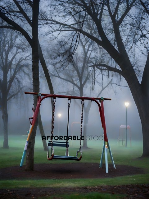 A swing set in a park with a foggy atmosphere