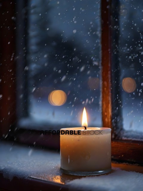 A candle in a glass holder sits in front of a window