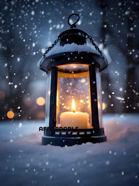 A candle in a lantern in the snow