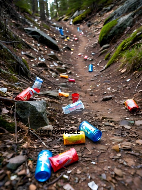 A trail of trash, including cans and wrappers, leads up a hill