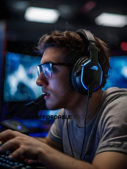 A man wearing glasses and a headset is playing a video game