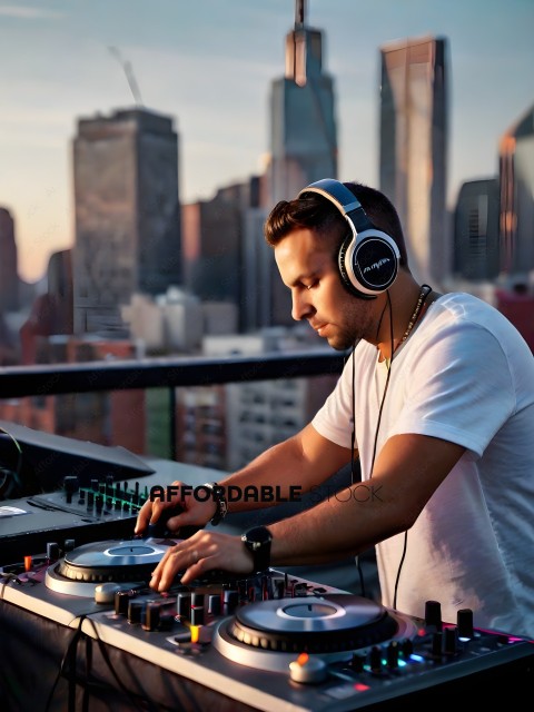 Man wearing headphones and white shirt, working on DJ equipment