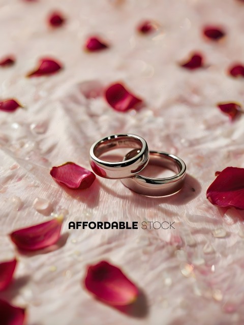 A couple's wedding rings on a bed of rose petals