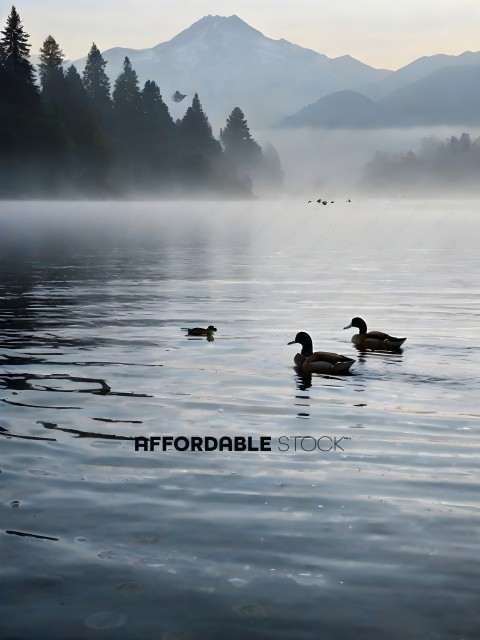 Three ducks swimming in a lake