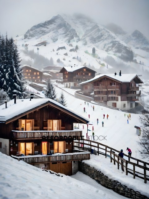 People skiing in the snow in front of a lodge