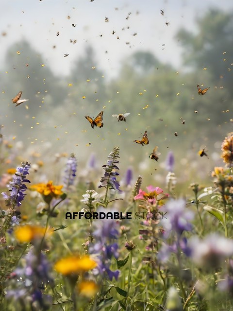 A group of butterflies and bees flying in a field