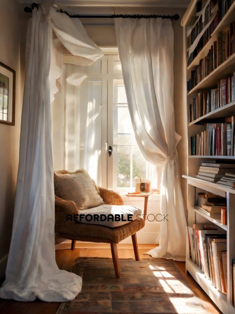 A chair with a pillow in a room with curtains and books