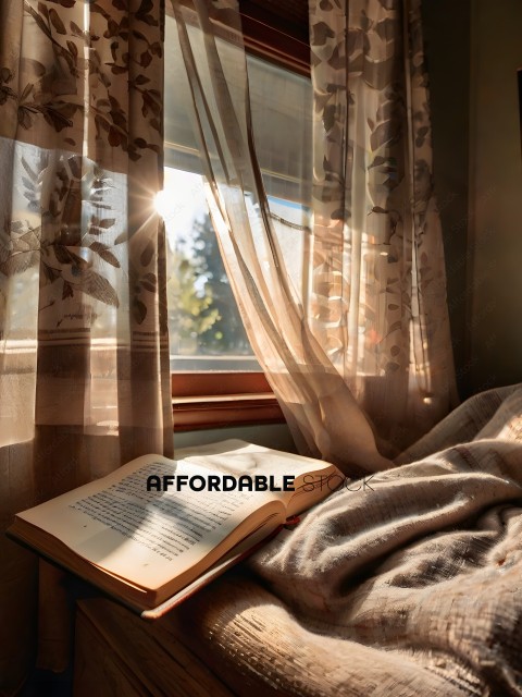 A book is open and sitting on a bed next to a window