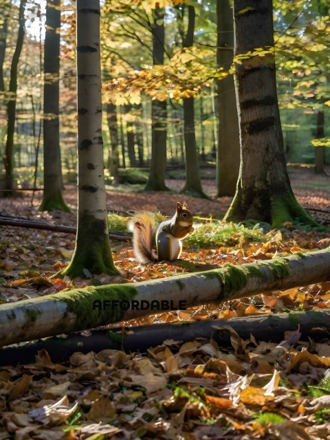 A squirrel sitting on a tree stump in the woods