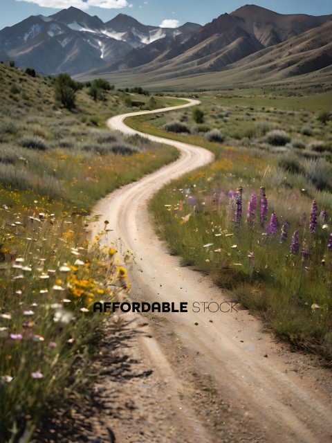 A dirt road with flowers and grass on either side