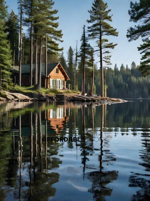 A serene scene of a cabin on a lake