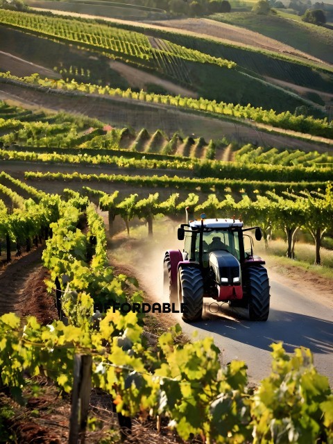 A tractor is driving down a dirt road surrounded by vineyards