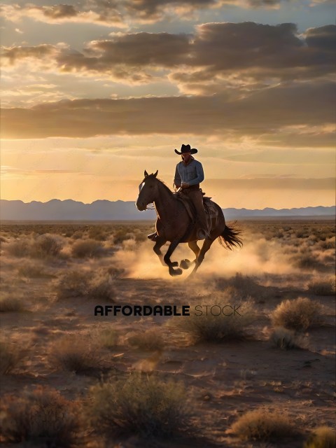 A cowboy riding a horse in the desert