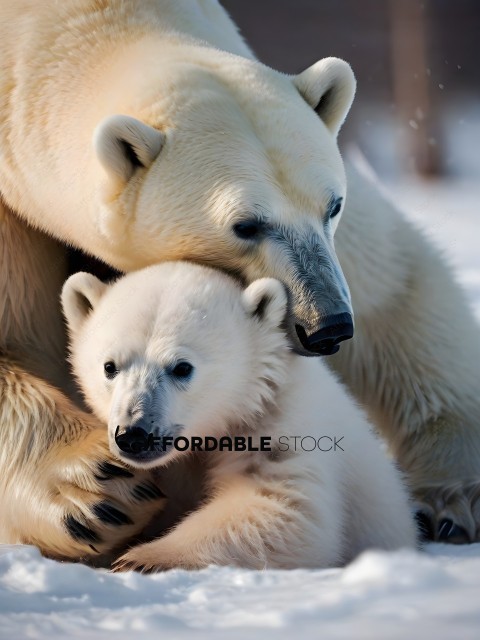 A mother bear and her cub in the snow