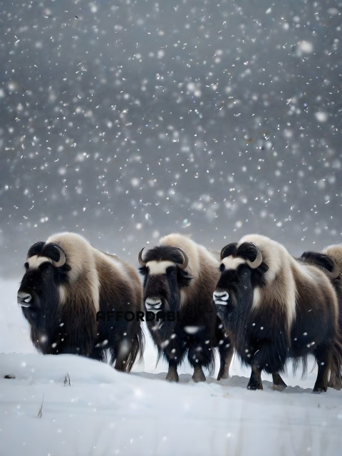 A herd of yaks in the snow
