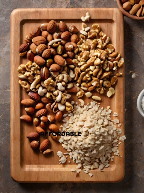 A wooden cutting board with nuts and seeds