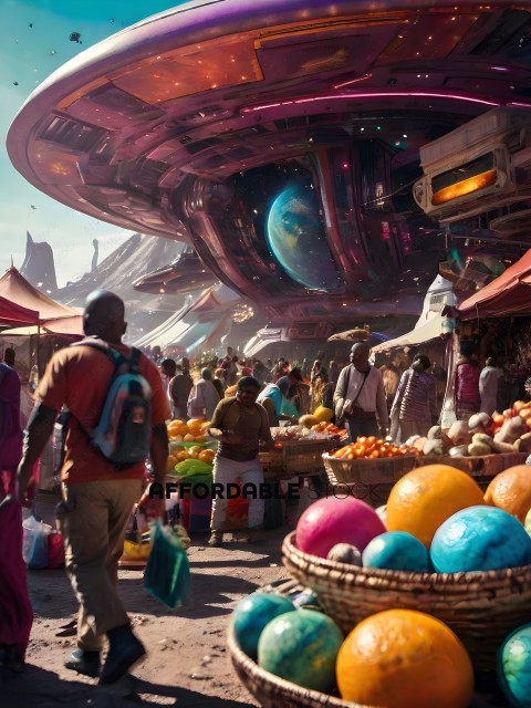 A crowded market with a large space ship in the background