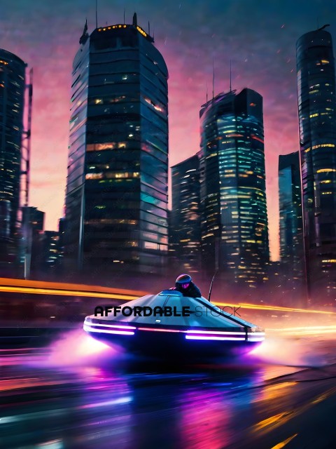 A futuristic vehicle is driving through a city at night