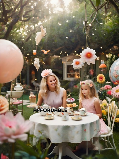 A mother and daughter sitting at a table with tea and cake