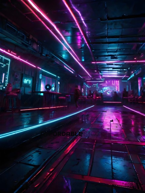 A neon lit club with a crowd of people