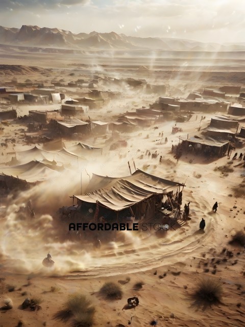 A desert village with many tents and people