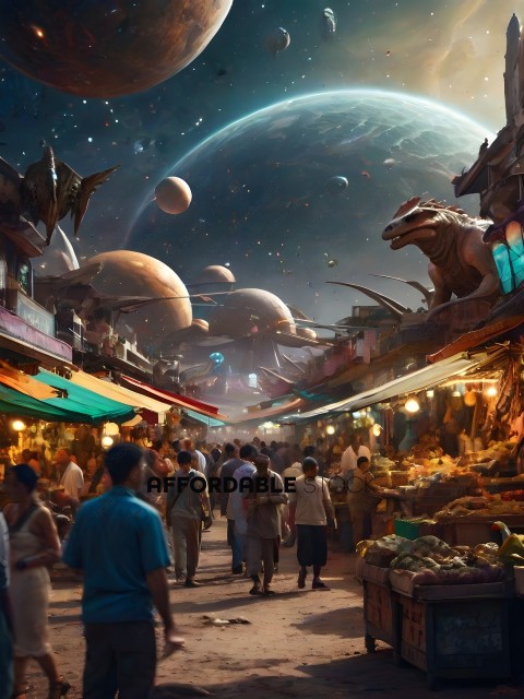 A bustling marketplace with a backdrop of space