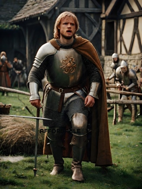 A man in a suit of armor stands in a field