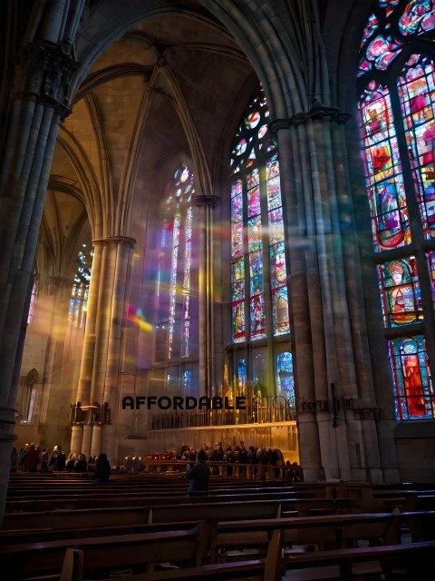People in a church with stained glass windows