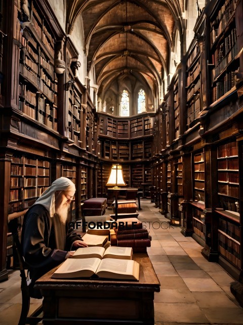 A monk reading in a library