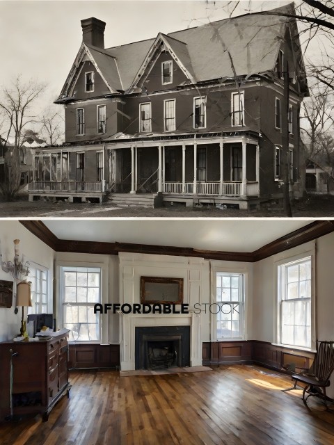 Older home with a fireplace and a large room