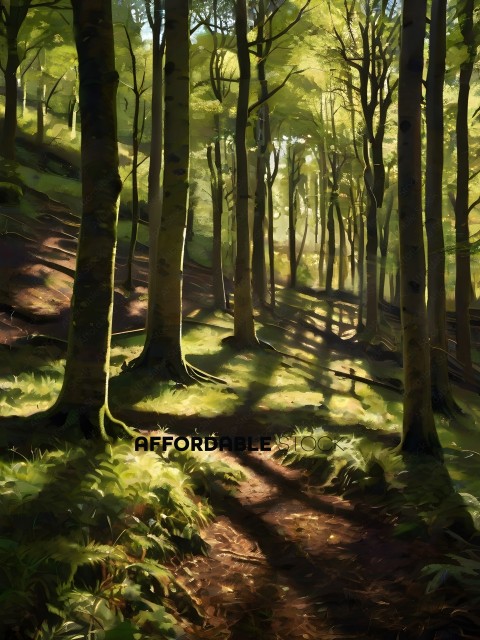 A forest path with trees and shadows