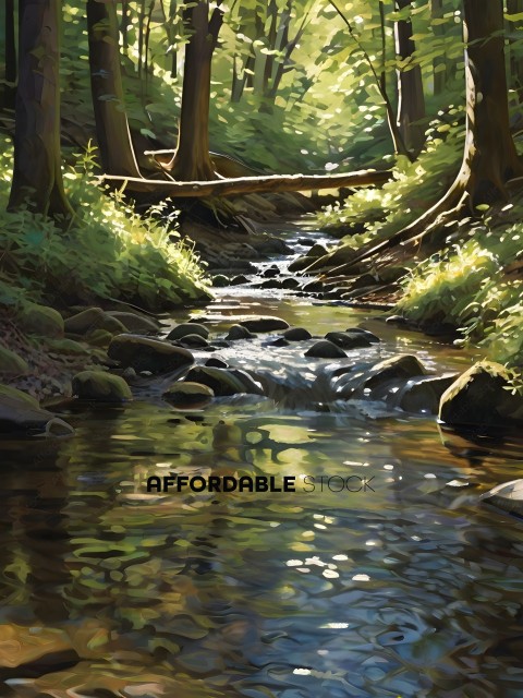 A painting of a stream with rocks and trees
