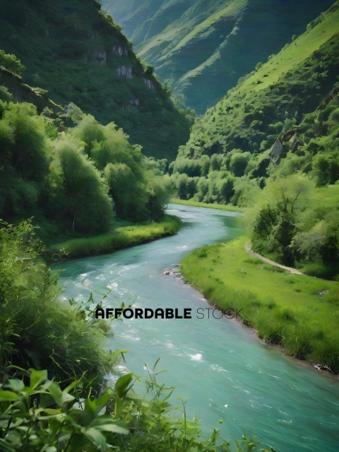 A river runs through a lush green valley