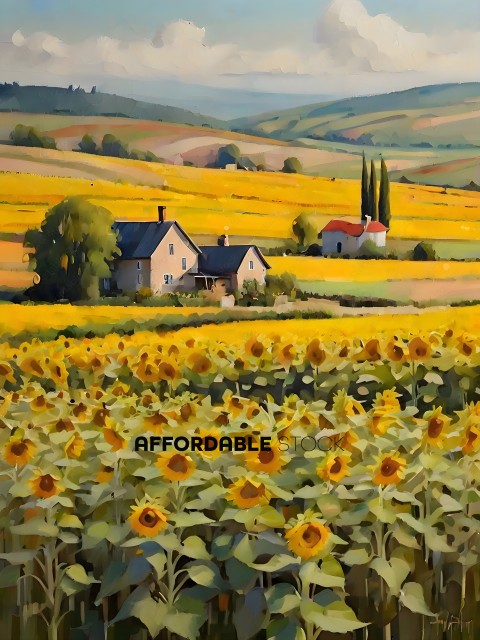A painting of a farm with a yellow field and yellow flowers