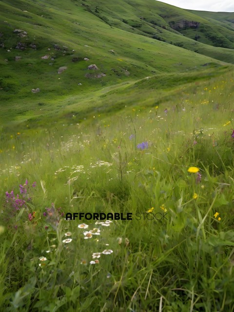 A field of flowers and grass with a mountain in the background