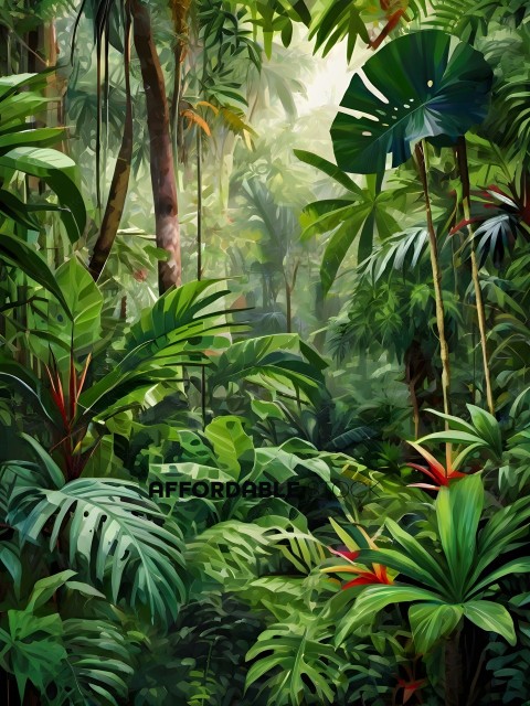 A painting of a dense jungle with a red flower