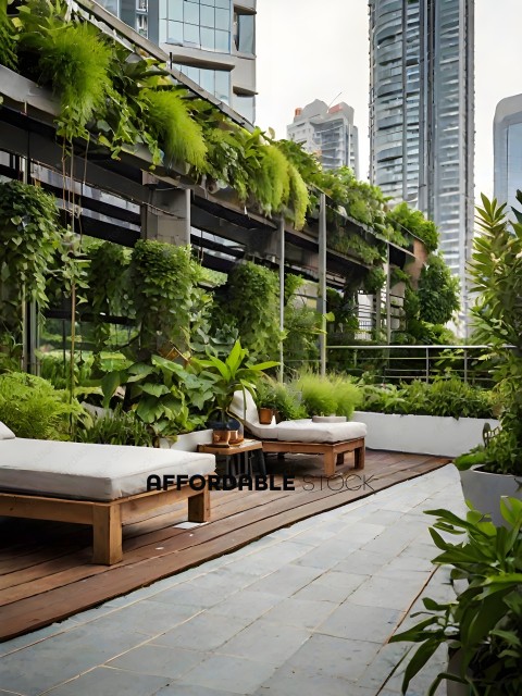 A patio with a wooden bench and a plant