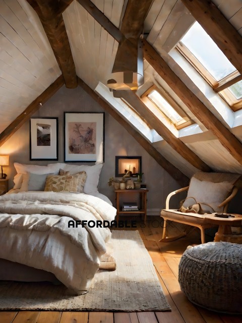 A cozy bedroom with a white bed and a wooden floor